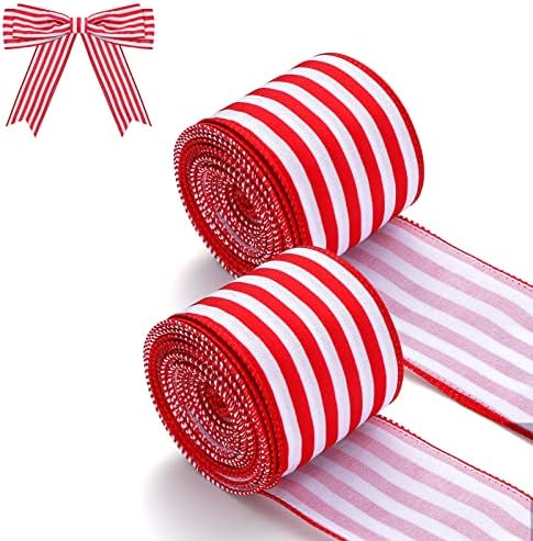 2 גלילים סרט קווי פסים אדום ולבן לחיבור מתנות לעטיפת מתנות/מלאכה/עץ חג המולד/זרים/קישוטים קשת, 2-1/2