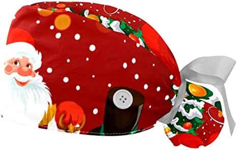 כובעים רפואיים לנשים עם כפתורים שיער ארוך, כובע עבודה מתכוונן 2 חלקים, עץ חג המולד האדום סנטה קלאוס איש שלג