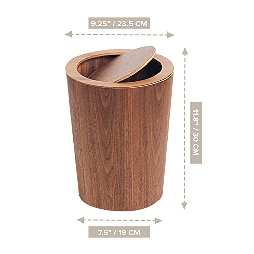 פח אשפה עגול מודרני עם מכסה-סל פסולת מעץ אמיתי מלא באגוז-8 ליטר / 2.1 גל-9.25על 7.5 על 11.8 פח אשפה קטן עליון