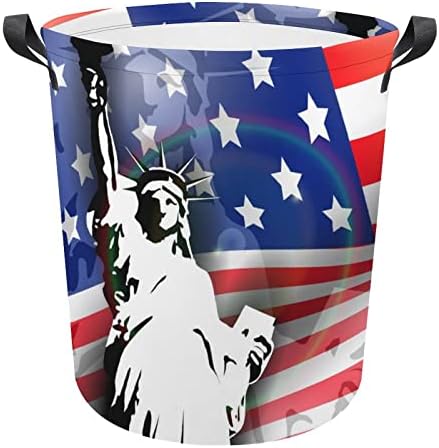 אמריקאי דגל, את פסל חירות סלי כביסה עם ידיות עמיד למים עגול מתקפל בגדי סל אחסון תיק ארגונית