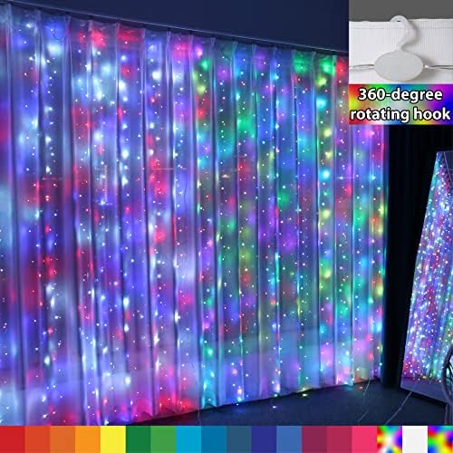 HXWEIYE 300 צבעים 16 צבעים משתנים וילון אורות תלויים עם 7 מצבים מרוחקים טיימר לחדר שינה, 9.8x9.8ft