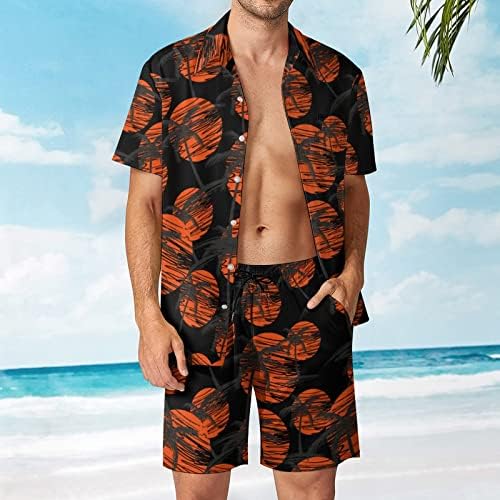 עצי דקל של Weedkeycat שקיעה תלבושות חוף לגברים 2 חלקים כפתור הוואי למטה חולצה מטה שרוול קצר ומכנסי תא מטען.