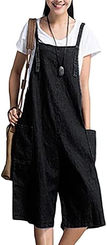קיץ נשים פלוס גודל כותנה פשתן מכנסי רגל רחבים סרבלים סרבלים שחורים ללא שרוולים כיסים רופפים