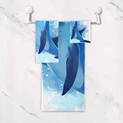 ערכות מגבות רחצה למגבות יד אמבטיה מגבות אצבעות אצבעות דולפין צבעי מים כחולים 3 חלקים סופגת