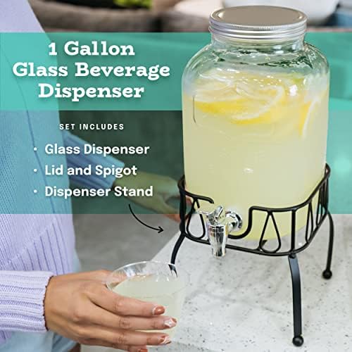 מתקן משקאות זכוכית אסטילו למסיבות - מתקן משקאות צנצנת זכוכית 1 ליטר עם מעמד, משטח מתקן מים מזכוכית