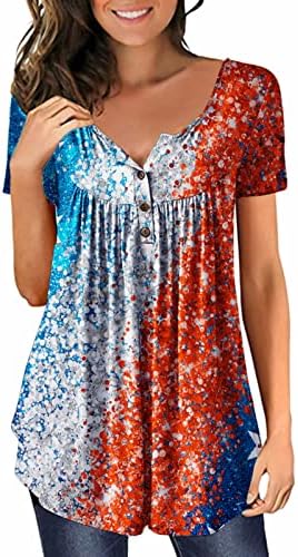 4 ביולי יולי טוניקת דגל אמריקאית צמרות לנשים בטן מסתתרת חולצה קיץ לחג מזדמן כפתור שרוול קצר