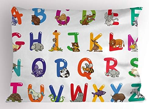 כרית אלפבית של אמבסון בושה, גרפיקה של בעלי חיים מצוירים עם אותיות ראשונות של שמות, ציפית כרית