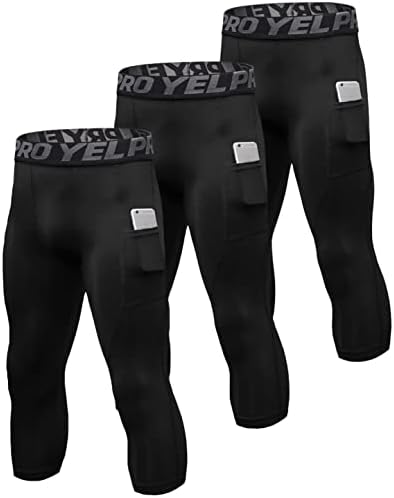 גברים של דחיסת מכנסיים עם כיסים 3/4 אימון יבש בכושר שכבות בסיס תחתוני גרביונים ספורט ריצה חותלות קפריס 3 חבילה
