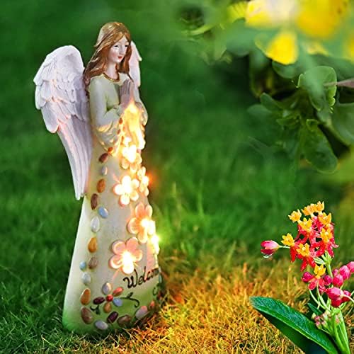 יזג'יוואן גן סולארי אור חיצוני, פסלי מלאך עם קישוט אורות משתנים, שרף עמיד למים מלאך פנסי LED לפטיו, חצר, מדשאה,