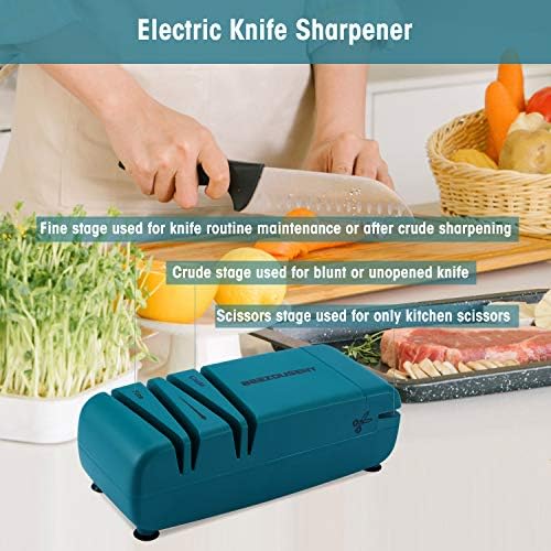מחדד סכינים חשמלי, 50 וואט תקע סכיני מטבח מספריים מחדד מכונה לבית ושף, 2 שלבים רחבים שפוע של 15 מעלות, ירוק