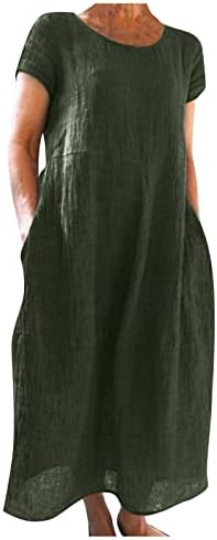 קיץ לנשים מזדמן צווארון V שרוול קצר שרוול כותנה פשתן חולצת MIDI שמלה בתוספת גודל שמלת טוניקה שמלות