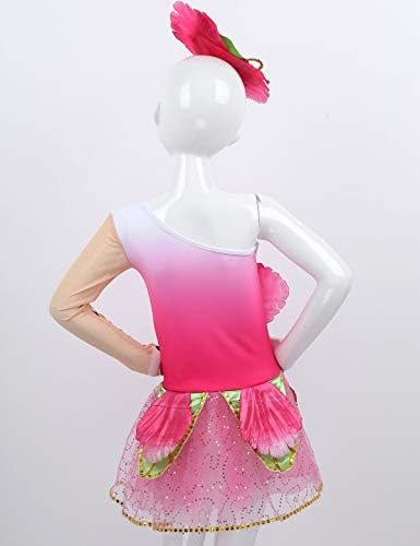 Zdhoor ילדים בנות נצנצים שמלת ריקוד מודרנית כתף אחת שרוולים ארוכים חצאיות ביצועים עם הלבשת ראש