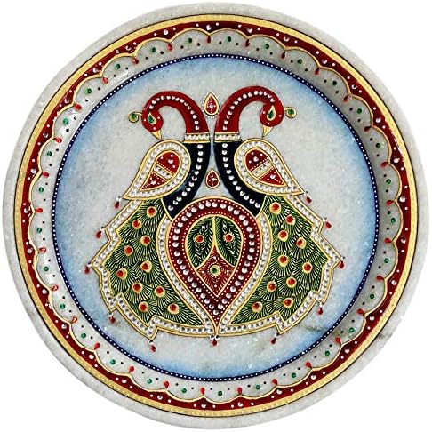 זוג טווס ציור שיש סגול: אריח צבוע ביד עם עבודת זהב וחרוזים, 9 על 9 אינץ