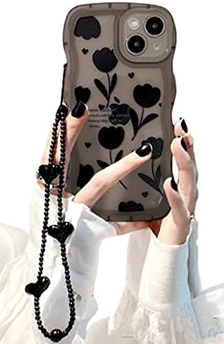 עבור iPhone 13 Pro Max Case עיצוב פרחים ברור חמוד עם שרשרת רצועת צמיד לב