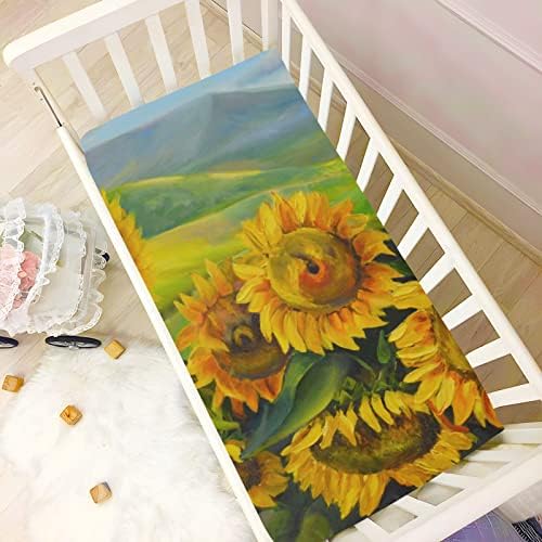 Alaza Sunflower שדה ציור הדפס פרח גיליונות עריסה גיליון בסינט מצויד לבנים פעוטות תינוקות, מיני גודל 39