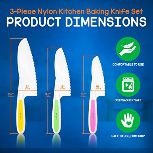 סט סכין אפיית מטבח של Nutrichef 3 חלקים סט סכין אפיית מטבח - סכיני בישול לילדים, בטוחים לשימוש, אחיזה