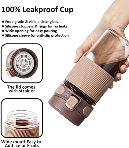 ספל קפה טיול זכוכית TKK עם מכסה 15 גרם הוכחת דליפה כוס קפה לשימוש חוזר עם שרוול סיליקון - BPA חינם, חום