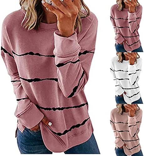 ארוך שרוול טי חולצות נשים פס מזדמן חולצות בכושר רופף צווארון עגול בסוודרים עם צד פיצול חולצות