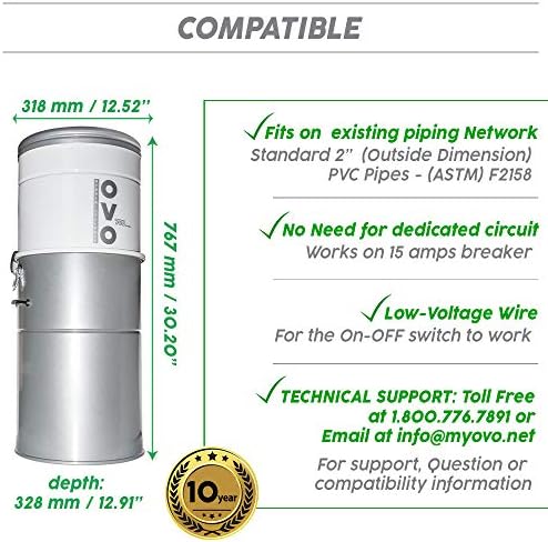 OVO כבד כבד מערכת ואקום מרכזית עוצמתית, סינון 35L או 9.25GAL, 700 וואט אוויר, VAC היברידי גדול, לבן וכסף