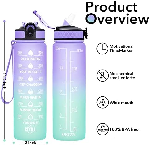 Hyeta 32 גרם בקבוקי מים עם זמנים לשתייה וקש, בקבוק מים מוטיבציוני עם סמן זמן, אטום דליפות ו- BPA