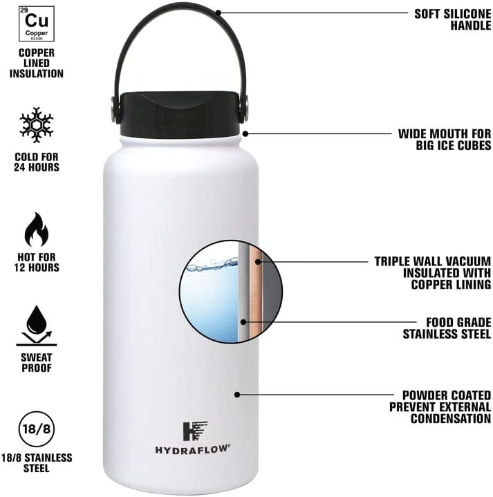Hydraflow Hybrid - בקבוק מים מבודד בקיר משולש עם מכסה פה רחב תרמוס מתכת נירוסטה, הוכחת דליפה לשימוש חוזר ללא