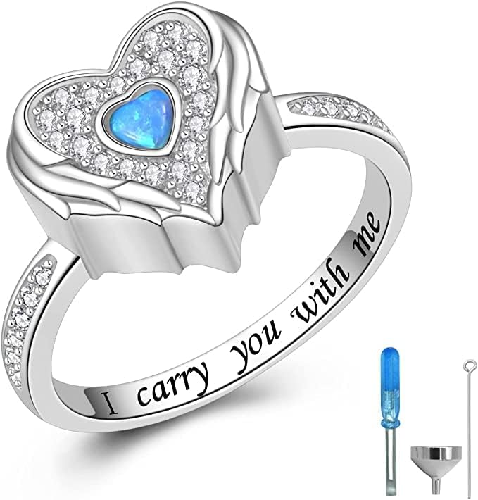 טבעת שריפת לב אגף מלאך לנשים - 925 סטרלינג כסף מחזיק יקיריהם טבעות אפר לאפר אנושי לחיות מחמד
