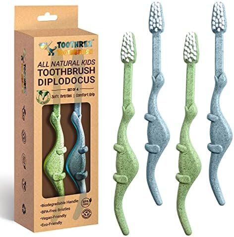 Roarex® טבעי כל -טבעי ידידותי למברשת שיניים עשויה מצמחים - דינוזאורים 4-36 מ ' - תינוק לפעוט - כחול/ירוק - 4pk
