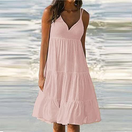 נשים של שמלת קיץ מקרית צווארון שרוולים חוף מידי שמלות ראפלס שכבות התלקח שמלת קו נדנדה חולצה קיצית