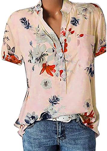 חולצות קיץ לנשים שרוול קצר רופף בכושר S-5xl כפתורים מזדמנים פרחוניים פרחוניים למטה חולצות טריקו צוואר