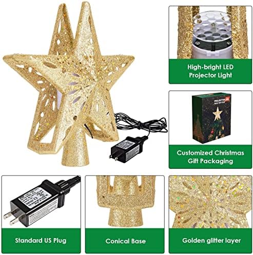 טופר עץ חג המולד של Lihtao, טופר עץ כוכבים חלול 3D לקישוטי עץ חג המולד, טופרי עץ כוכבים מוארים עם אורות מקרן פתית