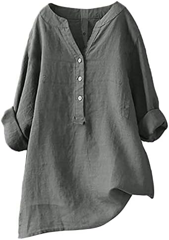 חולצות פשתן לנשים V צוואר מוצק רופף שרוול ארוך טריקו כפתור במורד החולצה העליונה של חוף ים קז'ואלים