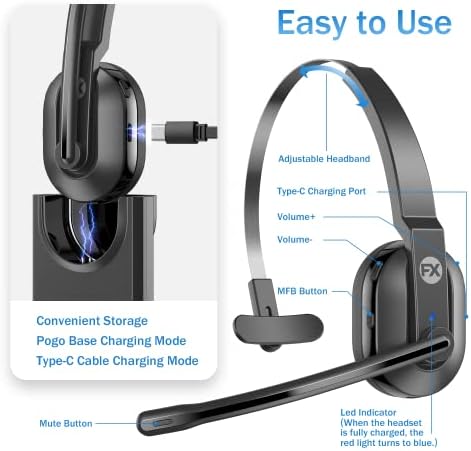 אוזניות אלחוטיות Fxwonty, אוזניות Bluetooth עם AI רעש מבטל מיקרופון ובסיס טעינה, 50 שעות Bluetooth 5.0