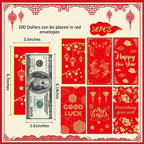 מעטפה אדומה סינית 36 חבילה מעטפות כסף אדום סיני 2023 מעטפות לשנה החדשה 3.5 X 6.7 '' CNY אדום מעטפות כיס הונגבאו