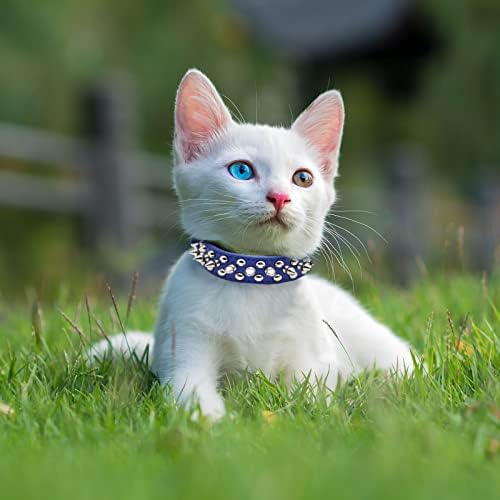 דוגיזסטייל ממוסמר צווארון כלבים משובץ עור כלבים קטנים בינוניים גדולים, חתול עור כחול מתכוונן רך צווארון
