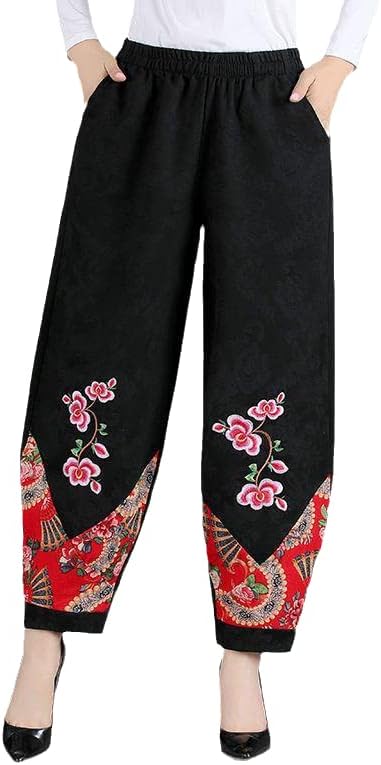 פרחים לאומיים רקומים נשים סיניות מסורתיות מכנסי רגל רחבים רופפים מכנסיים אתניים מזרחיים צבע 2 xxl