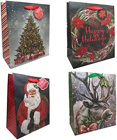 מוצרי הר הרוקי פרימיום שקיות מתנה גדולות לחג המולד עם תגי תו מתנה - חבילה של 4 עם סנטה, אייל, עץ,