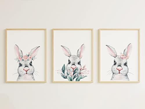 חמוד בצבעי מים תינוק בעלי החיים כרזות, באני ארנב אמנות הדפסת סט של 3, תינוק בעלי החיים קיר אמנות, משתלת חדר
