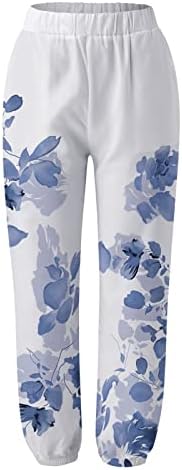 מכנסי פשתן מזדמנים לנשים הדפס פרחים אופנתיים ספורט בוהו קאפרי מכנסיים רחבים רגל אלסטיים מותניים