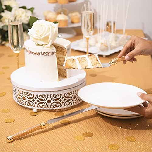 סכין עוגה ושרתים עם ידיות חרוזים נוצצות זהב - ארוזות בארגז מתנה - רעיון מתנה לחתונות, ימי הולדת,