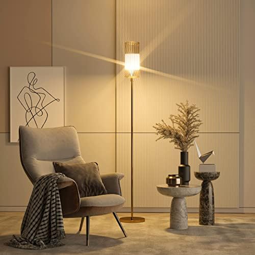 מנורת רצפה של יומוני עם צל כלוב מתכת ונורת LED 6W - אור פליז מקורה אור פליז להתאמה לסלון או חדר שינה בבית