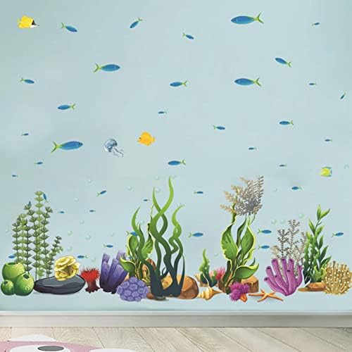 עולם מתחת למים חדר בעלי חיים חדר ילדים רקע רקע מדבקת קיר מדבקת עצמית PVC מדבקות דגים דשא ימי מדבקה מדבקה