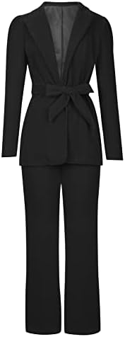 תלבושות 2 חלקים לנשים בלייזר עם מכנסיים עמוק V צוואר שרוול ארוך שרוול ארוך רזה חליפת פרע עם חגורה
