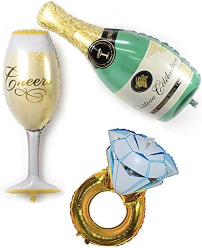 Cheeseandu 3packs מסיבת בלוני נייר כסף גדולים - בקבוק ירוק וגביע שמפניה וטבעת יהלום לבר ולנטיין דקור חתונה