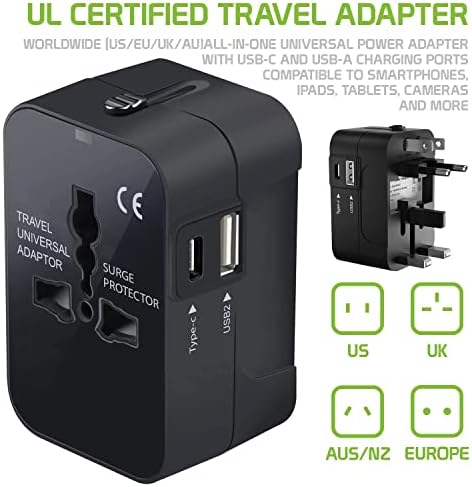 Travel USB פלוס מתאם כוח בינלאומי תואם ל- Celkon A409 עבור כוח עולמי לשלושה מכשירים USB Typec, USB-A