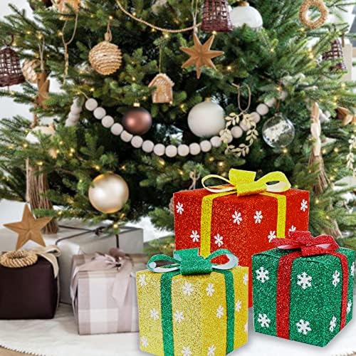 קישוטים לחג המולד קופסאות מתנה סט של 3 קופסאות נוכחות ירוקות וזהב אדומות עם חצר חג המולד ועץ חג המולד