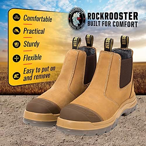 מגפי עבודה של Rockrooster לגברים, בוהן פלדה בגודל 6 אינץ ', להחליק נעלי עור משומנות בטיחות, פיזור סטטי, נושם,