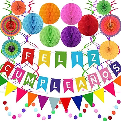 פליז Cumpleanos מקסיקני פיאסטה ספרדית באנר עם נייר מאוורר נייר תפאורה קישוטים לקישודים עם פרחי נייר צבעוניים