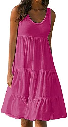 שמלת קיץ של Fehlegd לנשים עגול צוואר עגול שמלת MIDI ללא שרוולים צבע אחיד פרוע שמלות חוף רופפות סיבתיות