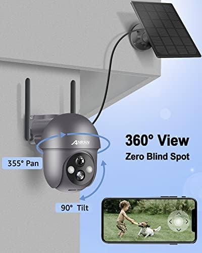 מצלמת אבטחה של ANRAN אלחוטית חיצונית עם נוף של 360 מעלות, מצלמה חיצונית סולארית 2K עם צפירה חכמה, זרקורים,