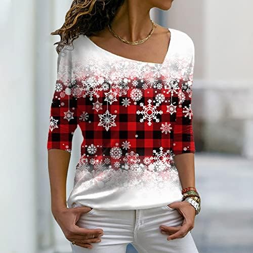 סתיו סתיו לנשים סריג שלג מזדמן אדום בדוק הדפס חג המולד שרוול ארוך עליון חולצת צוואר חולצה מפוארת חולצות וחולצות